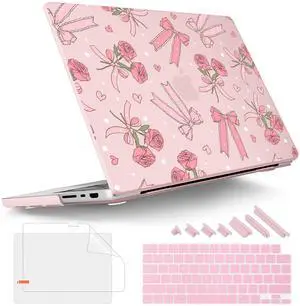 Tuiklol for MacBook Pro 14 Inch Case 2025-2021 Release M5 A3434 /M4 A3112 A3401 A3185/M3 A2918 A2992/M2 A2779/M1 A2442 Pro/Max,Hard Shell Case with Screen Protector for Touch ID,Bow & Rose-Pink
