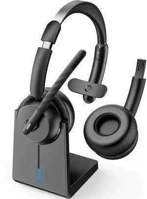 COSMUSIS Wireless Headset with Mic for Work, Bluetooth 5.3 Headsets with Microphone and Detachable Earpads, 50H Playtime with Charging Base, Noise Cancelling Headphones for Work with Mic Mute