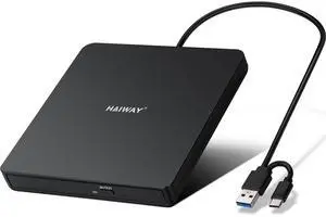 Haiway External DVD Drive, USB 3.0 Type-C CD DVD Burner, Portable +/-RW CD/DVD Optical Drive Slim CD ROM Reader Writer Player for Laptop Desktop PC MacBook Windows 11/10/8/7 Linux Mac OS (Black)