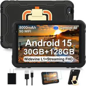 2025 Tablet 10 inch Android 15 Tablets 30GB RAM 128GB ROM 1TB Expand, 8000mAh Octa-Core Tablet with Drop-proof Case, Gemini AI, HD IPS Display, GPS, 5G WIFI, Split-screen, Widevine L1 -Metal Black
