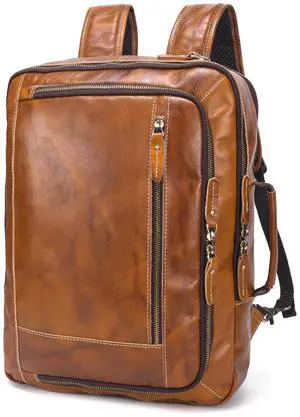 LANNSYNE Vintage Genuine Leather Backpack For Men, 2 in 1 Expandable Briefcase Fits 17'' Laptop Crossbody shoulder Bag Business/Travel Rucksack