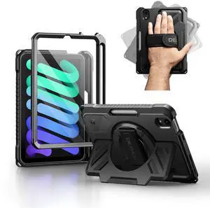 Dexnor Case for iPad mini 7 (A17 Pro) 2024/mini 6 2021 8.3 inch, Rugged Protective Case with 360° Rotating Hand Strap & Large Stand & Screen Protector & Pencil Holder Shockproof Full-Body Cover, Black