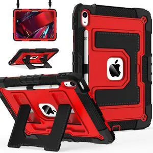 Scnioy Case for iPad (A16) 11th Generation 11 Inch 2025, iPad 10th Generation Case 10.9 Inch 2022, Heavy Duty i Pad Cover 10th Gen with Large Kickstand Pen Holder Shoulder Strap, Black Red