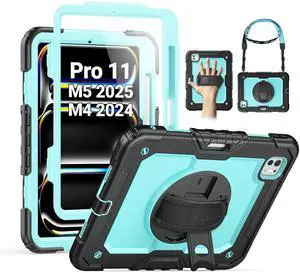 SEYMAC for iPad Pro 11 Inch Case M5 2025 / M4 2024, Heavy Duty Shockproof Protective Case with Screen Protector, 360° Rotating Stand, Hand/Shoulder Strap and Pen Holder, Light Blue
