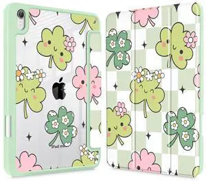 Mektron Printed Case for iPad mini 7 (A17 Pro) 2024/ Mini 6 2021, iPad mini 7th/6th Generation Case, Buit in Pencil Holder with Clear Back Shell + Trifold Stand + Auto Wake/Sleep, Lucky Clovers