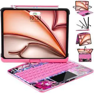 JJM 360° Rotating Multi-Touch Trackpad, Transparent Case with Wireless Keyboard, Magnetic Pencil Holder (Y2K Transparent Pink, iPad (A16) 11th & iPad 10th)