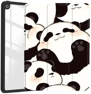 JOYLAND Lovely Pandas Pattern Case for iPad 7th/8th/9th Generation, Clear Transparent Acrylic Hard Back Black Case with Pencil Holder Trifold Stand Tablet Cover for iPad 10.2" 2019/2020/2021
