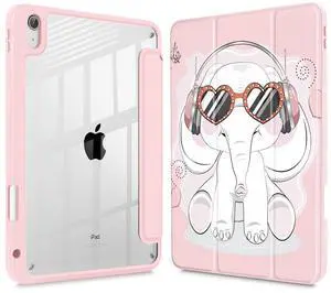 Tuiklol Case for iPad 11 inch (A16 Chip) 2025 Gen 11th / iPad 10.9 inch 2022 10th Gen, Buit in Pencil Holder with Shockproof Cover Clear Transparent Back Shell Auto Wake/Sleep,Lovely Elephant-Pink