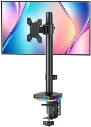RGB Single Monitor Stand Monitor Desk Mount Arm up to 17.6lbs Desk Mount with RGB Light Adjustable Heights Angles Arm USB & USB-C High Speed Data Transfer C-Clamp 75x75/100x100 VESA