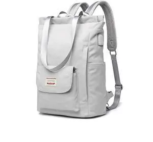 PORRASSO Women Laptop Backpack Casual Shoulder Bag with USB Charging Port Luggage Strap for 14 Inch Laptop Daypack Work Travel Rucksack Grey