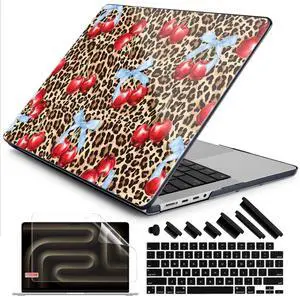 DONGKE Case for M5 MacBook Pro 14 inch 2025 2024-2021 M4 M3 M2 M1, Plastic Hard Shell Cover Compatible with A3434 A3112 A3401 A3185 A2992 A2779 A2442, Retina XDR Display & Touch ID, Leopard Cherries