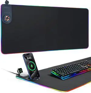 ELUTENG Mouse Pad with Phone Holder 4in1 Wireless Charging Desk Mat RGB Ultra-Smooth Gaming Mousepad Waterproof Home Office Large Desk Pad 35.43"x15.75" Large Desk Pad Non-Slip Base Keyboard Pad