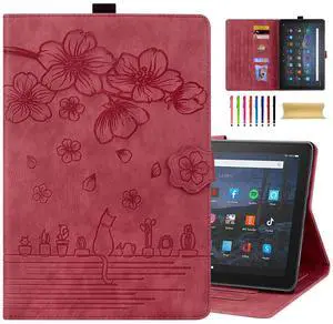 Dteck Case for All-New Amazon Kindle Fire HD 10 & 10 Plus Tablet (13th/11th Generation, 2023/2021 Release) 10.1", Premium PU Leather Embossed Flower Folio Stand Case Cover with Pencil Holder,WineRed
