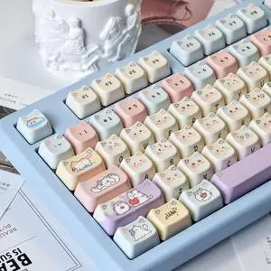 ILYCHEEGAMI PBT Cute Cartoon Animals MOA XDA Round keycaps PBT keycap Set for Girl Kids Custom keycaps for Gateron Kailh Cherry Mx Switches ANSI Layout Mechanical Keyboard (Mao-Mischievous Cat)