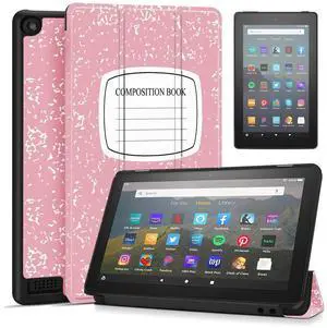 TNP Case Cover for Amazon Kindle Fire 7 Tablet 9th & 7th Generation 2019 2017 Release - Smart Slim PU Leather Protective Sleeve w/Auto Sleep Wake (Composition Book Pink)