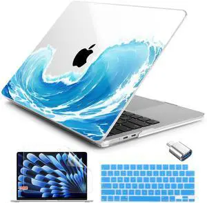 Batianda Case for New MacBook Air 13 inch 2025 M4 2024 2022 Model A3240 A3113 M3 A2681 M2, Floral Designed Protective Hardshell Keyboard Cover & Screen Protector and USB-C Adapter, Blue Waves