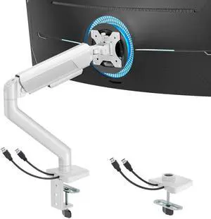 ARES WING Heavy Duty Single Monitor Arm - Fully Adjustable Monitor Mount for 17"-40" Ultrawide Screens up to 26.4 lbs with Clamp/Grommet Desk Mount and USB A/C, 75/100 Vesa Mount, White