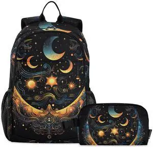 ALAZA Sun Moon Stars Alchemy Witchy Backpack and Lunch Bag Set Back Pack Bookbag Cooler Case Kits
