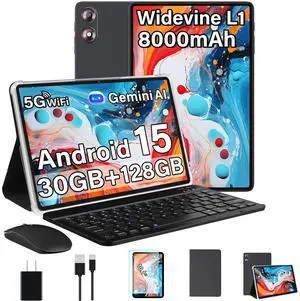 Android 15 Tablet 30GB+128GB+1TB Expand, 2025 10.1 Inch Octa-Core 8000mAh Electronics Tablets with Keyboard Mouse, Gemini AI, 5G WiFi, 1280x800 IPS Touchscreen, GPS, BT5.0, Widevine L1 -Metal Black