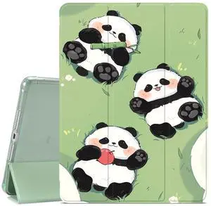 JOYLAND Cute Panda Pattern Case for iPad 9th/8th/7th Generation 10.2 Inch (2021/2020/2019 Release), Pencil Holder & Clear Transparent Soft TPU Back & Trifold Smart Pad Green Cover