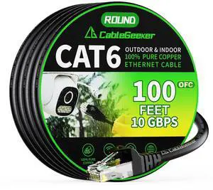 Cat 6 Ethernet Cable 100 ft, Indoor&Outdoor, High Speed 10Gbps 24AWG Pure Copper Internet Network Cable, Pure Copper Ethernet Patch Cable Long, PoE Computer LAN Cable for Router, Modem, PS5/4, Black