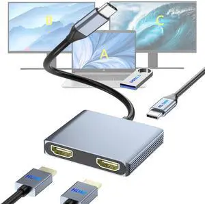 USB C to Dual HDMI Adapter, HDMI Splitter for Dual Monitors Support C to 2 HD Splitter Extended Display for Type C Devices, MacOS only Mirrors Same Screen(SST), Windows Extend Two Different Screen
