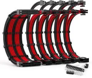 ABNO1 PSU Cable Extension Kit - 30CM Length, Sleeved Cable, 1x24Pin/2x8Pin/3x8Pin for ATX Power Supply (Black/Red)
