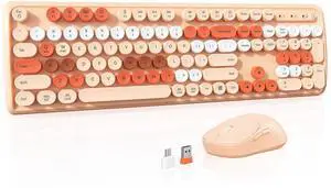 MEETION Colorful Wireless Keyboard and Mouse Combo, Full-Size Retro Typewiter Computer Keyboard, 4 Level DPI Adjustable Wireless Mouse, 2.4GHz Connection with Optical Mouse, Milk Tea