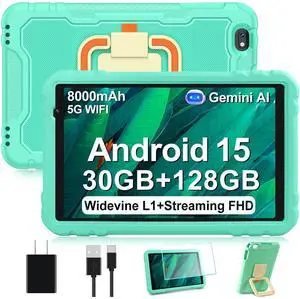 2025 Tablet 10 inch Android 15 Tablets 30GB RAM 128GB ROM 1TB Expand, 8000mAh Octa-Core Tablet with Drop-proof Case, Gemini AI, HD IPS Display, GPS, 5G WIFI, Split-screen, Widevine L1 -Metal Green