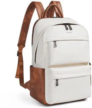 tiamyi Leather Laptop Backpack for Women, Fits 15.6 Inch Laptop, Leather Backpack with 2 Water Bottle Pockets, Hidden Zipper and Luggage Strap, Ideal for Work, Travel, College, Everyday Use, Beige