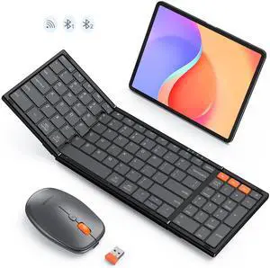 MEETION Foldable Keyboard and Mouse, Folding Portable Wireless Keyboard Mouse, Full Size Rechargeable 2.4G+Dual Bluetooth Keyboards Combo for Business Travel, for Windows/Mac/iOS/Andriod, iPad/Laptop
