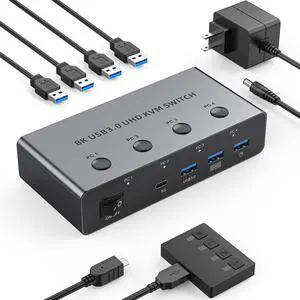 5G USB3.0 KVM Switch HDMI 8K@60Hz 4K@144Hz for 4 Computers Share 1 Monitor, KVM Switch 4 Port with 3 USB 3.0 and 1 USB-C Ports Share Keyboard Mouse 5G USB3.0 KVM Switch HDMI 8K@60Hz 4K@144Hz for 4 Computers Share 1 Monitor, KVM Switch 4 Port with 3 USB 3.0 and 1 USB-C Ports Share Keyboard Mouse