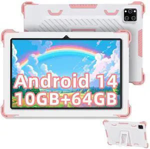 YATIOM Kids Tablet 10 inch Android 14 with Protective Case, Octa-Core,10GB+64GB/512GB Expandable, 6000mAh Battery, WiFi, BT, Parental Control, Dual Camera, Toddler Gift