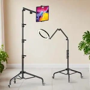 Takerers for Rolling iPad Stand Floor with Casters, Tablet Floor Stand Tripod for Ring Light/iPad/Phones/Mic/DSLR Camera, 1/4'' 3/8'' 5/8'' Screw, Ball Head, 3-Section Detachable Articulating Arm