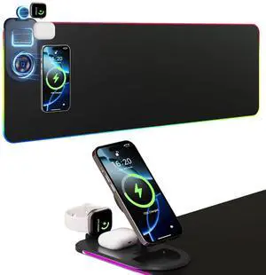 HAUTOCO Wireless Charging Mouse Pad 15W RGB Gaming Mousepad Waterproof Desk Mat with Phone Holder 35.4''x11.8'' Extra Large Desk Pad Non-Slip Base Computer Keyboard Mat for PC Laptop, Black