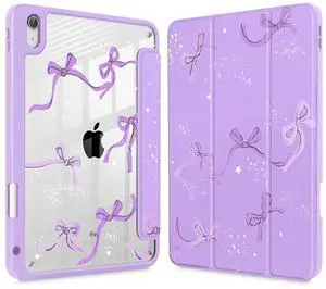 Tuiklol Case for iPad Air 11'' (M3 2025/M2 2024) 6th Gen/iPad Air 10.9'' 2022 2020 Air 5th /4th Gen, Buit in Pencil Holder with Shockproof Cover Clear Transparent Back Auto Wake/Sleep, Bow-Purple