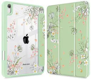 May Chen Slim Case for iPad mini 7 (A17 Pro, 7th Generation) 2024 / iPad mini 6 (6th Gen) 8.3 Inch, [Built-in Pencil Holder] Shockproof Cover Clear Clear Back Shell Auto Wake/Sleep, Green Flowers