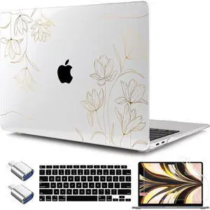 TWOLSKOO for MacBook Air 13.3 inch Case 2021 2020 2019 2018 Release M1 A2337 A2179 A1932 with Touch ID, Plastic Hard Shell Case & Keyboard Cover & Type C Adapter, Gold Florals