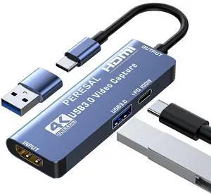 PERESAL USB 3.0 Video Capture Card with PD 100W and USB3.0 Port, Streaming Game Recording 4K, 60FPS, HDMI to USB-A/USB-C Capture Card for Quest 3, Switch, PS5/4, Camera, Xbox, Tablet PC