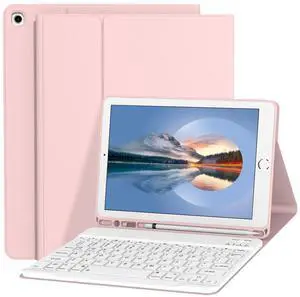 Divufus Keyboard Case for iPad 9.7 Inch 2018/2017 6th/5th Generation, Air 2/1 [Magnetic Detachable Wireless Keyboard][Support 3 System] Flip Stand Case with Pencil Holder for iPad 9.7, Pink