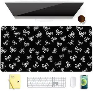 BlHMCASE Cute White Bow Black Extended Gaming Keyboard Mouse Pad, Non-Slip Leather Home Office Desk Mat Protector, Laptop Desk Pad Writing Pad