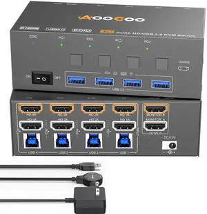 Dual Monitor KVM Switch 4PC 8K@60Hz Simulation EDID,HDMI USB 3.0 Switch Extended Display 2 Monitors 2 Computers with Power Adapter and USB 3.0 Cables Wired Controller