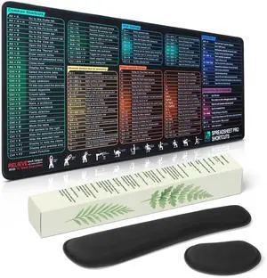 Excel Cheat Sheet Mouse Pad Set | 3-Piece Large Ergonomic Desk Mat with Wrist Rest for Office & Gaming(Carbon Black)