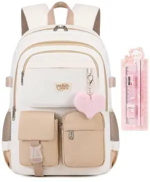 qodbopack School Backpack For Student Women College Middle High Teen Girls Bookbag Waterproof Laptop Bag Beige Khaki
