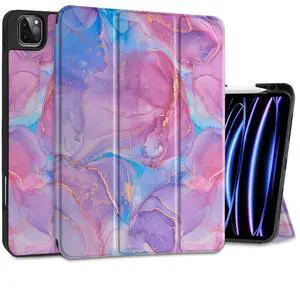 MEEgoodo Case for iPad Pro 12.9 Case M2 6th/5th/4th/3rd Generation 2022 2021 2020 2018, Protective Tablet Cover with Soft Back Shell for Kids, Pink Marble Texture