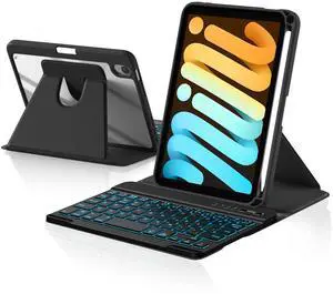 Harvopu for iPad mini 7 A17 Pro/6 Generation Keyboard Case 2024/2021 8.3 Inch,360° Rotating Clear Back Cover with 7 Color Backlit Detachable Keyboard, Pencil Holder for iPad mini 7th/6th Gen,Black