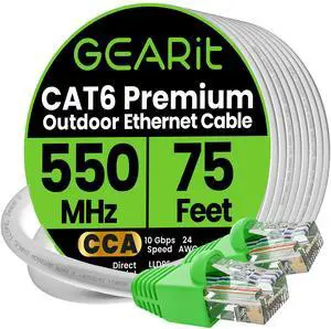 GEARit Cat6 Outdoor Ethernet Cable (75 Feet) CCA Copper Clad, Waterproof, Direct Burial, In-Ground, UV Jacket, POE, Network, Internet, Cat 6, Cat6 Cable - 75ft