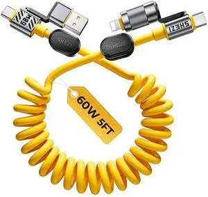 Jixivor Coiled Cable & Clip 4-in-1 USB C Cable 60W Compatible with Lightning Cable Fast Charging & Data Transfer, Support to CarPlay & Android Auto, 5FT Multi Cord Combo Charger for iPhone/iPad