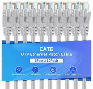 XANHAM Cat6 Ethernet Cable 6 Feet 10 Pack Network RJ45 Cat6 Internet Patch Cable, Unshielded, Light Gray