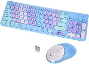 Wireless Keyboard and Mouse Combo, Retro Typewriter Keyboard with Round Keycaps, 2.4GHz USB Cute Wireless Keyboard Mouse for Computer, Desktop, Laptop and Computer (Rainbow Blue)